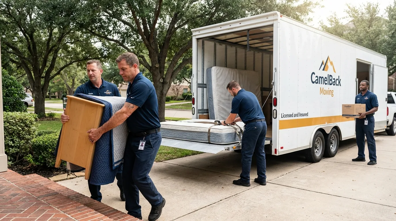 Crew loading residential truck for cross-state move from San Augustine, TX
