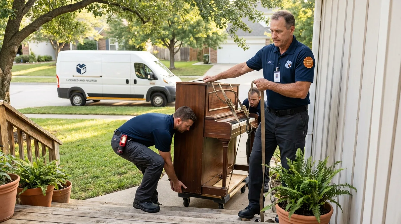 Licensed piano movers securing grand piano in San Augustine, TX