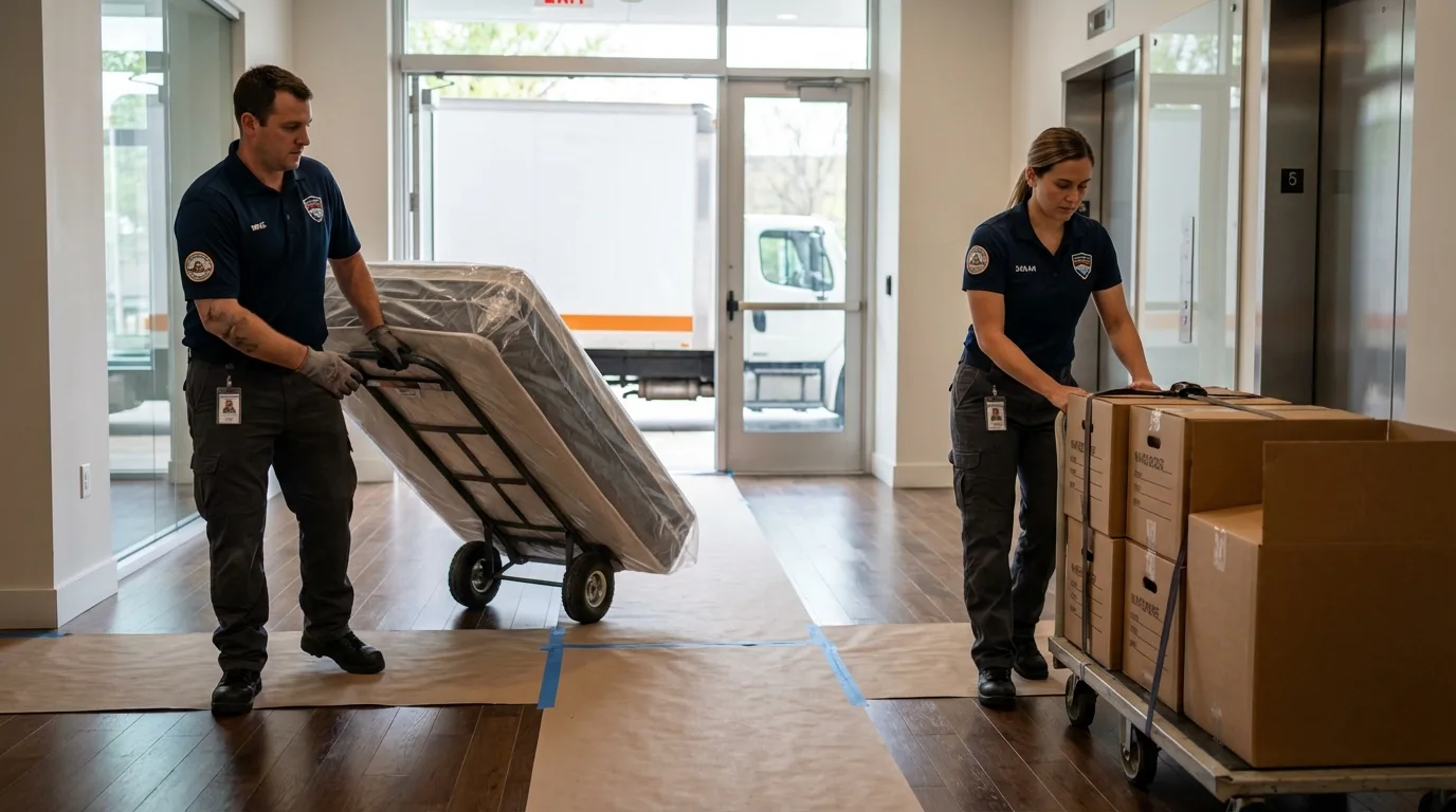 Professional apartment movers loading elevator in San Augustine, TX
